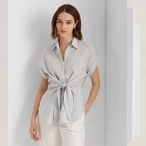 Ralph Lauren Black Label Linen Striped Tie-Front Button Down Collar Shirt Medium
